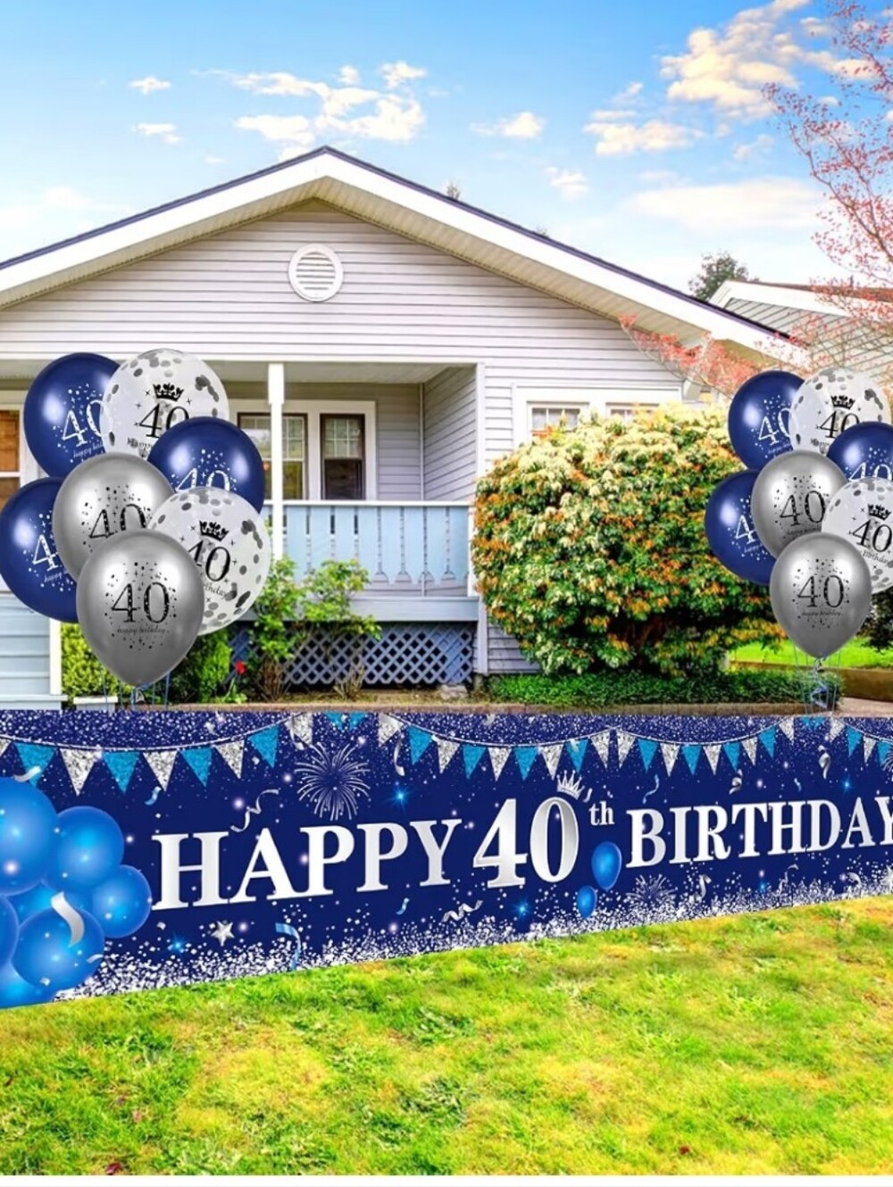 40th Birthday Navy Blue and Silver Yard Banner with Balloon Set